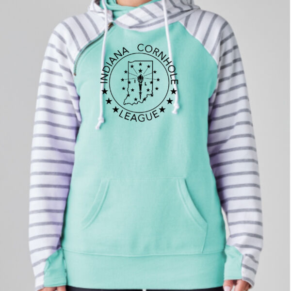 Indiana Cornhole League - Ladies Stripe Double Hood Pullover Thumbnail